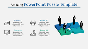 Puzzle themed slide featuring four labeled sections with icons and a 3D puzzle graphic with business silhouettes.