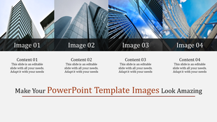 PowerPoint slide showcasing four images of modern buildings, with content areas below each image.
