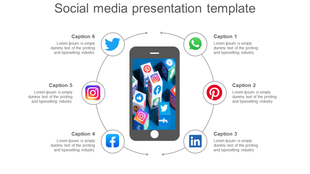 Interactive design showing a smartphone surrounded by circular paths linking to six social media logos on a white background.