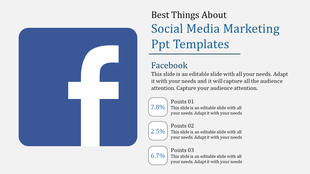 Social media marketing PowerPoint template featuring the Facebook logo and percentage points with placeholder text.