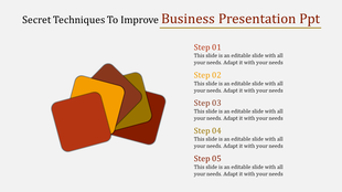 Business PPT slide with five numbered steps and colored square icons red, orange, yellow, brown, and maroon with text area.