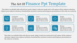 Blue-themed grid of icons representing finance and technology concepts, including target, money, and creativity.