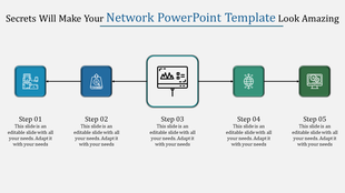 Network design flowchart with five linked steps with blue and green squares showcasing icons for various network operations. 