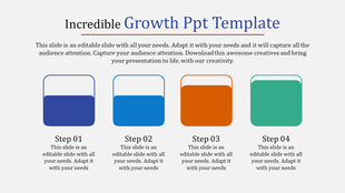 Business growth PowerPoint slide featuring colorful progress indicators for steps with placeholder text.