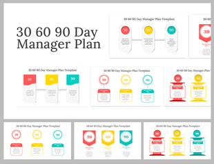 Collection of 30 60 90 day manager plan slides with various designs for goal setting and progression tracking.