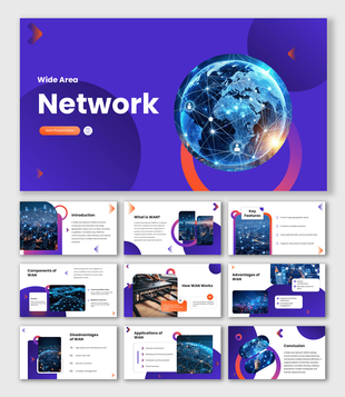 Network PowerPoint Template with global network globe graphic, purple gradient shapes and clean white slide layout.