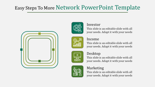 Professional network template with layered square outlines and four green-toned icons for financial and marketing concepts.