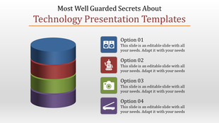 Technology slide featuring a stack of colored rings with icons representing technology themes.