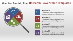 Research template featuring a magnifying glass and four colored sections with placeholder text areas.