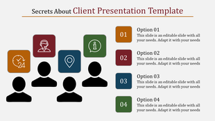 Client layout with icons for customer service, location, information, and time, alongside silhouette figures.