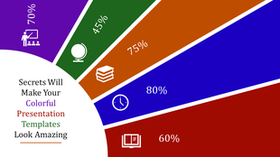 A colorful presentation template shows a segmented circular chart with percentages for various topics.