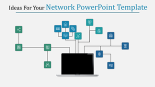 Network slide with a laptop at the center connected to green, teal, and blue square icons representing various technologies.