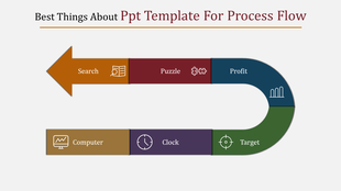 Curved arrow infographic illustrating a process flow with six colorful segments representing different stages and icons.