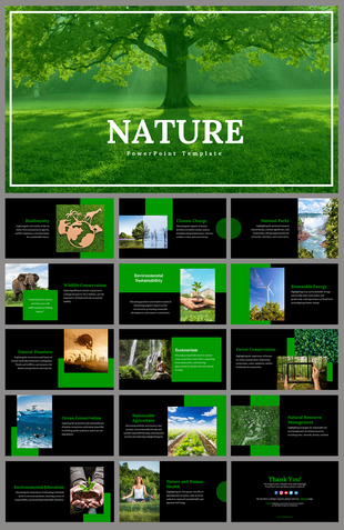 Nature slide deck with green and black backgrounds, showcasing topics like biodiversity, climate change, and conservation.