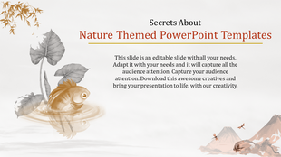 Nature themed PowerPoint slide with a fish swimming in a pond surrounded by leaves with placeholder text.