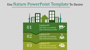 Nature themed template featuring a green tiered layout with three captions, buildings, and wind turbines.