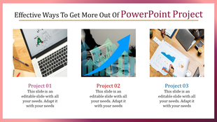 PowerPoint slide with three project sections featuring icons and images with placeholder text.