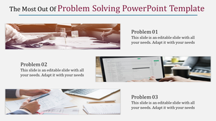 Three photo composition with a focus on problem-solving scenarios teamwork, technology, and planning documents.