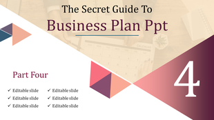 Business slide with triangular patterns in pink, biege, and purple, featuring text and a large number 4.