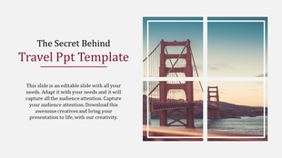Golden gate bridge image divided into four sections, with title and text on the left over a white background.