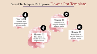 Nature-inspired slide with pink flowers, descriptive captions, and icons for various natural themes in a beige background.
