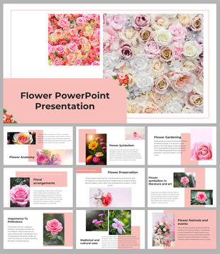 Cover slide deck featuring pastel and vibrant flower-themed designs with sections on anatomy, symbolism, and gardening.