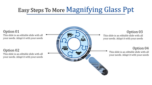 Blue magnifying glass graphic with four puzzle piece icons in the lens, connected to text options on a white background.
