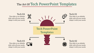 Tech PPT slide featuring a central light bulb with icons representing technology with placeholder text.