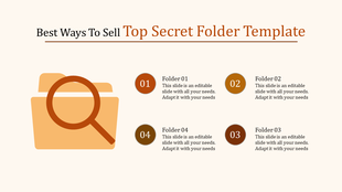 Folder icon with a magnifying glass on the left, alongside four numbered circles with descriptions in a beige theme.