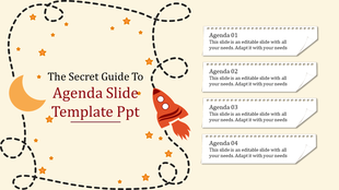 Agenda PowerPoint slide featuring a rocket icon and four numbered agenda sections with captions.