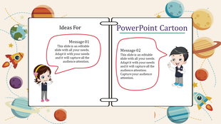 Slide with two cartoon characters introducing message sections in an open book layout with a space theme.