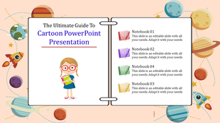 Cartoon themed slide with a guidebook design, planets, rockets, and a girl holding books against a peach background.