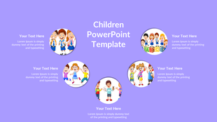 A slide with a children theme, featuring circular images of kids and space for caption areas on a purple background.