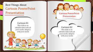 Cartoon themed slide designed as an open book, featuring children illustrations and cloud shaped text boxes.