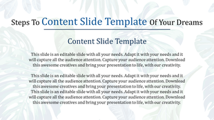 Content PPT slide with sections and tropical leaf background with placeholder text.