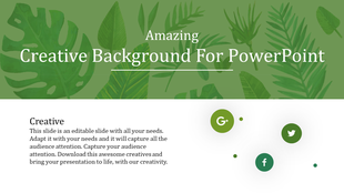 Creative nature background with green leaves and social media elements in the bottom right corner.