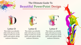 Colorful splash design with letters D, E, F in bold, placed on a light gradient background with vibrant paint strokes.