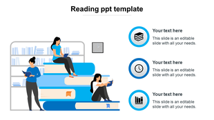 Illustration of people reading and sitting on large stacked books, with three text areas, all in blue accents.