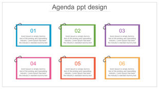 Agenda template with six numbered items, each with a placeholder text areas, presented in colored boxes with paper clips.
