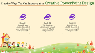 Creative slide featuring three purple book graphics with text and a playful scene of children on a grassy hill below.
