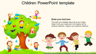 Colorful children-themed template featuring kids playing around a tree filled with educational icons and text area.