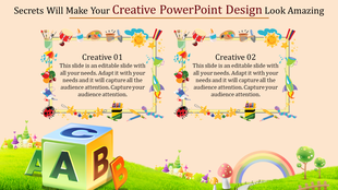 Creative slide with colorful school-themed decorations, including art supplies and ABC blocks.