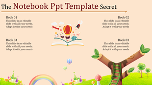 Notebook slide with an open book illustration, floating icons, and sections labeled with four books on a playful background.