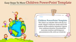 Children playing around a globe, with a clipboard on the right displaying text, set against a beige background with stars.