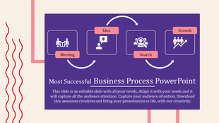 Slide illustrating a business process flow with icons in square frames, labeled with pink tags, on a purple background.
