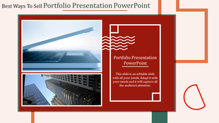 Portfolio slide with two images of a laptop and skyscrapers, framed on a red background with placeholder text areas.