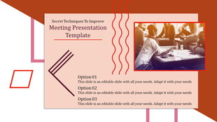 Meeting presentation template with an image of a group discussion and geometric design elements with options.