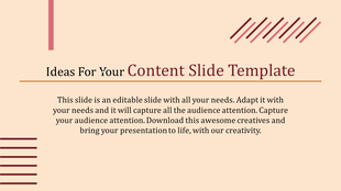 Minimalist content slide with decorative red diagonal lines, on a beige background, and centered text for templates.