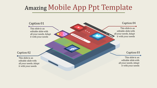Mobile app PPT template displaying a smartphone screen with app icons like Instagram, Twitter, and Facebook with captions.