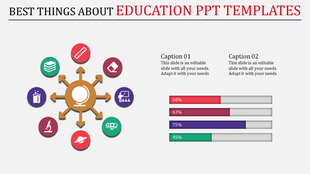 Education template with interconnected icons around a globe and horizontal bar charts indicating data percentages.